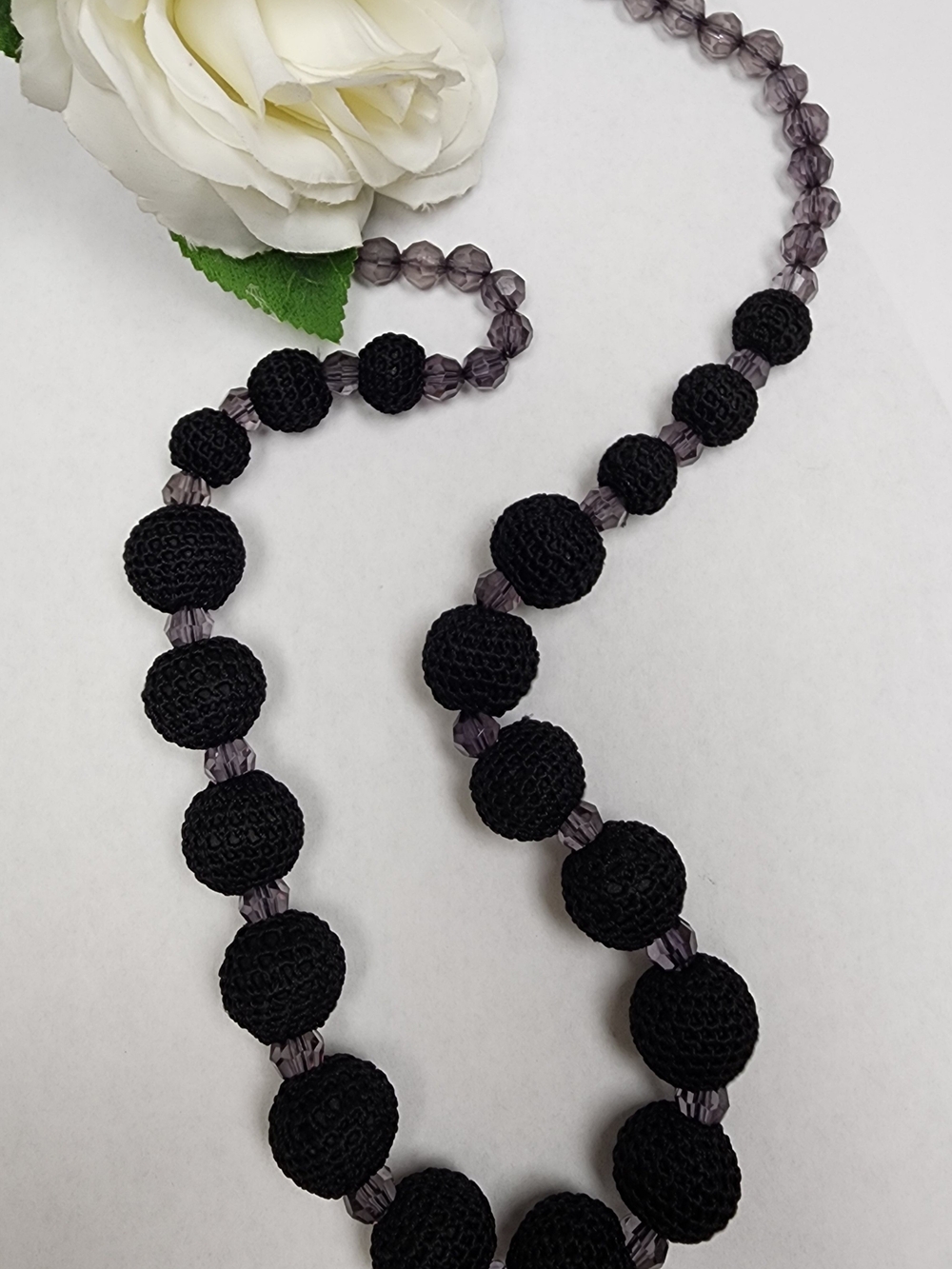 Vintage Black Crochet Beaded Statement Necklace with Smoky Accent Beads